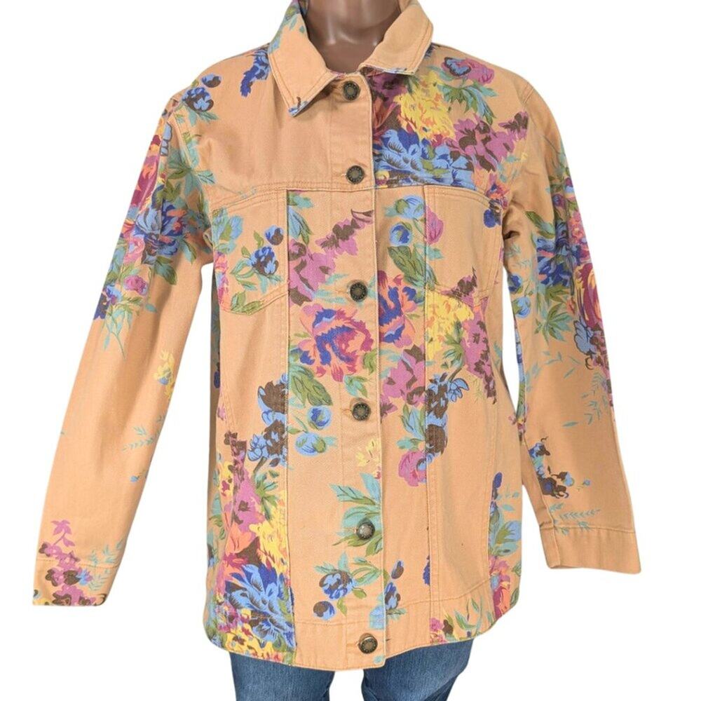 Susan Graver Small Peach Rose Floral Print Denim Jean Jacket